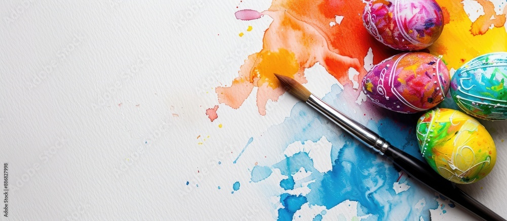 Poster painting a easter egg with a paint brush on a white background, adding colorful watercolor for decor