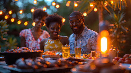 Outdoor cookout party with lamplight and african american family silhouettes blurred in the background