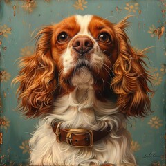 Naklejka premium Vibrant Portrait Painting of Cavalier King Charles Spaniel Dog with Floral Background