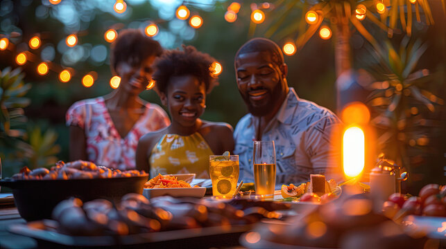 Outdoor cookout party with lamplight and african american family silhouettes blurred in the background