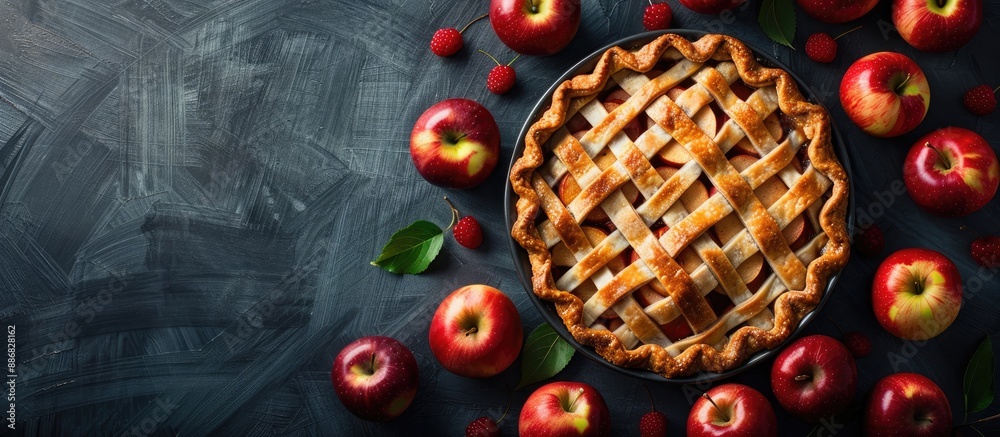 Poster Apple pie with apples displayed on a dark background with copy space image.