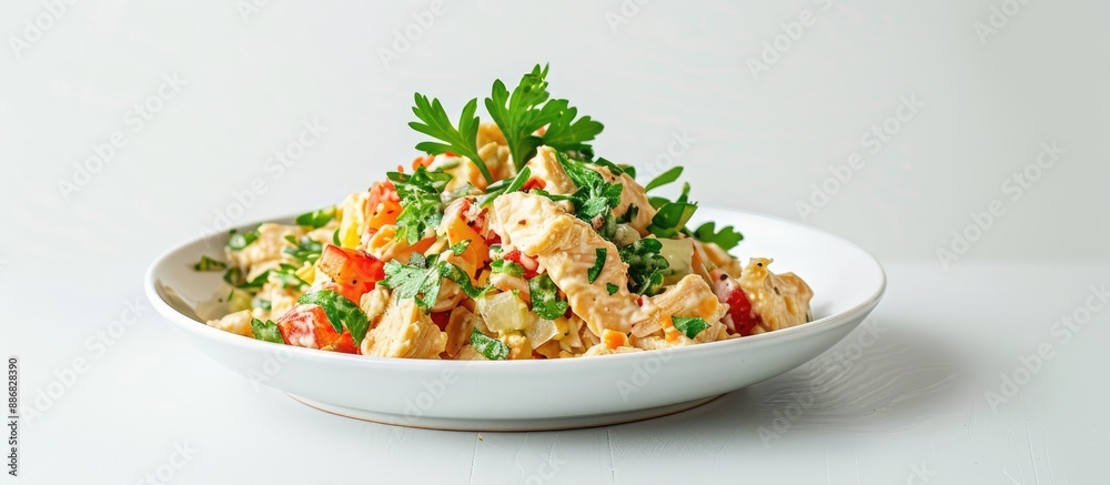 Poster Low-angle view of a plate with homemade Coronation Chicken Salad on a white background, providing space for additional image elements.