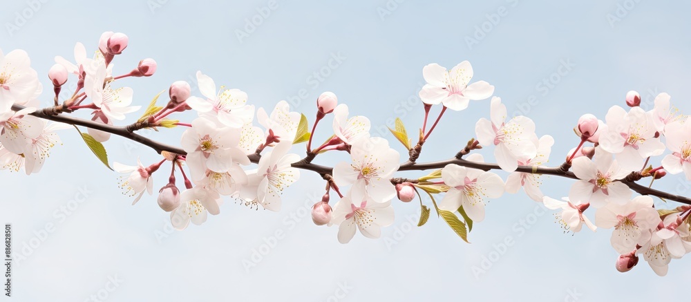 Poster Blooming pear tree branches with delicate white and pink buds, providing a backdrop for a landscape panorama with a blank copy space image.