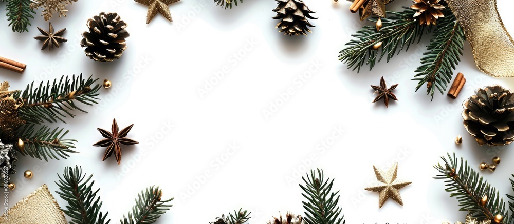 Poster flat lay top view of a christmas frame adorned with gold decorations like pine cones, star anise, an