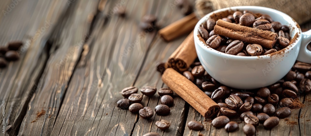 Aufkleber an inviting arrangement of coffee with cinnamon sticks and roasted beans on a wooden table, creating