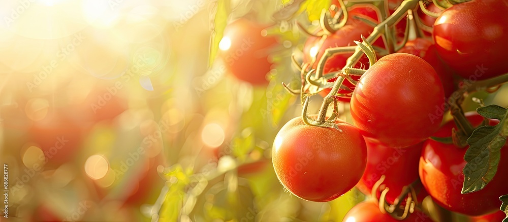 Poster vivid red tomatoes on a sunny backdrop, promoting health and vegetarianism, a popular trend with amp