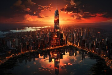 Naklejka premium Skyline Panorama of Downtown and Baixa Manhattan financial district in New York,, generative IA