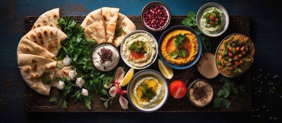 Traditional Middle Eastern breakfast spread featuring hummus, foul, falafel, and zaatar, captured from a top view with space for additional content.
