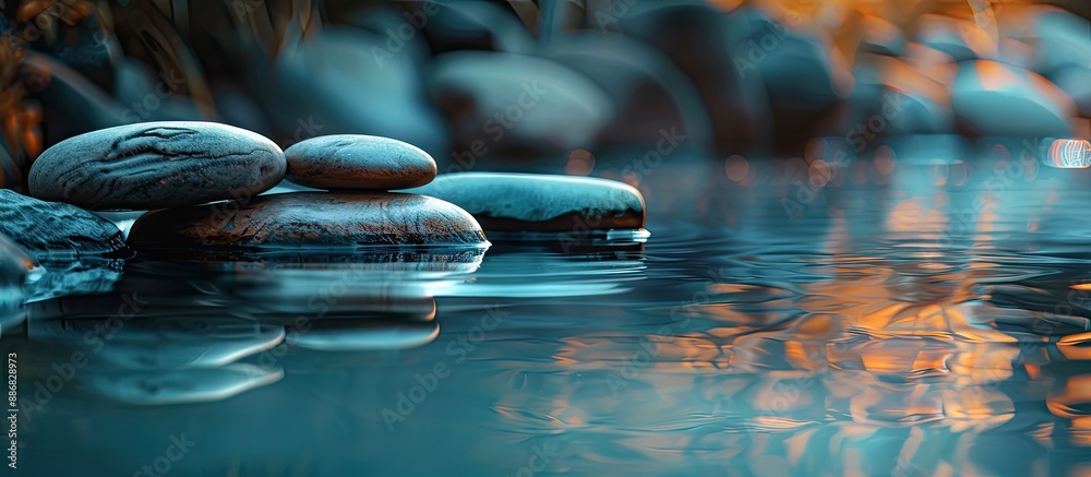 Poster A serene pond displaying smooth stones, with the water's reflection adding to the tranquility of the scenery in the copy space image.