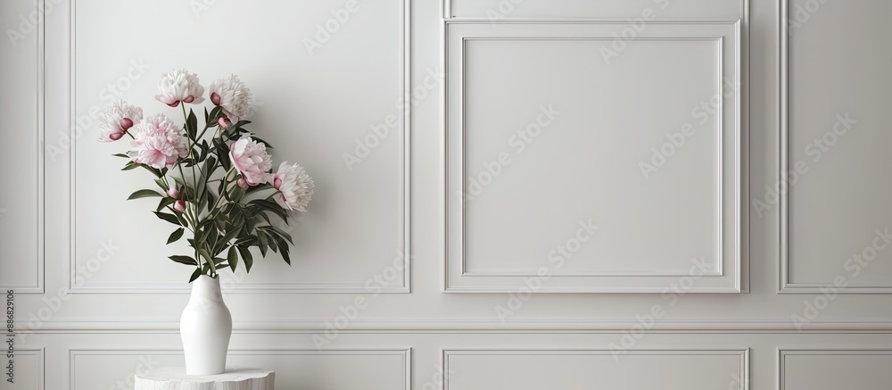 Poster mockup of a landscape frame on a white wall with a vase of peony flowers, creating a desirable copy 
