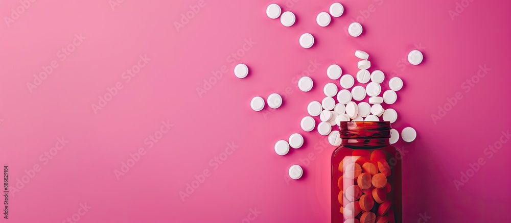 Poster White pills or tablets in a bottle on a pink background create a copy space image from a top view, showcasing the global pharmaceutical industry and medicinal products.