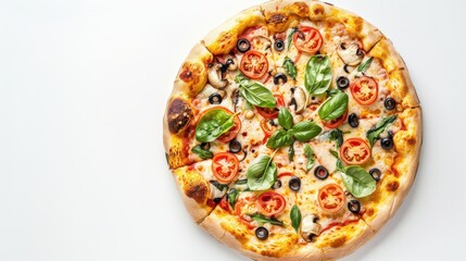 A pizza with tomatoes, olives, and basil on top