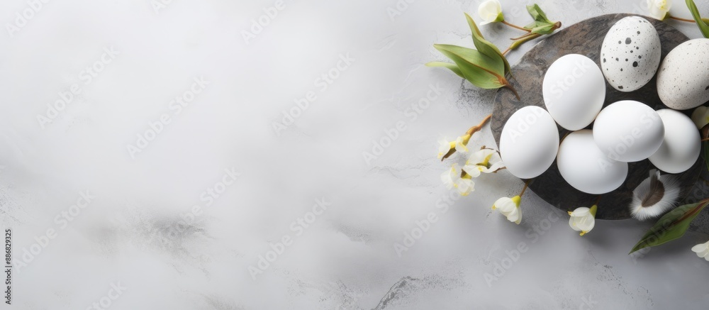 Aufkleber spring and easter theme displayed with gorgeous white tulips, vibrant quail eggs nestled in a nest, 
