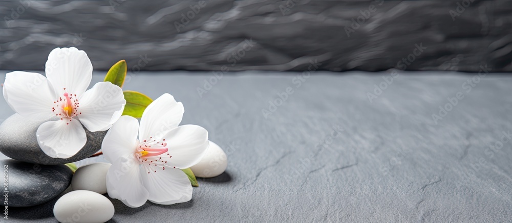 Poster towel background with spa stones and spring flowers, perfect for a copy space image.