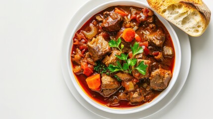 A bowl of stew with meat and vegetables sits on a white plate