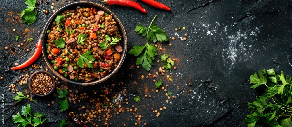 Aufkleber freshly cooked lentils mixed with savory beef or pork, served as an appetizer or a meal, placed on t