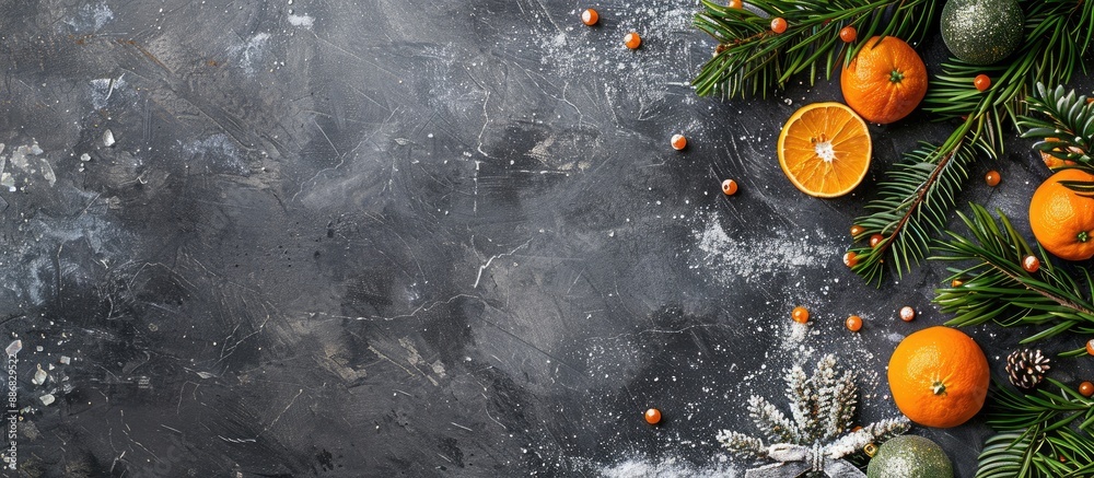 Leinwandbilder top view of a christmas background featuring a stone surface adorned with snow, a fir tree, and tang
