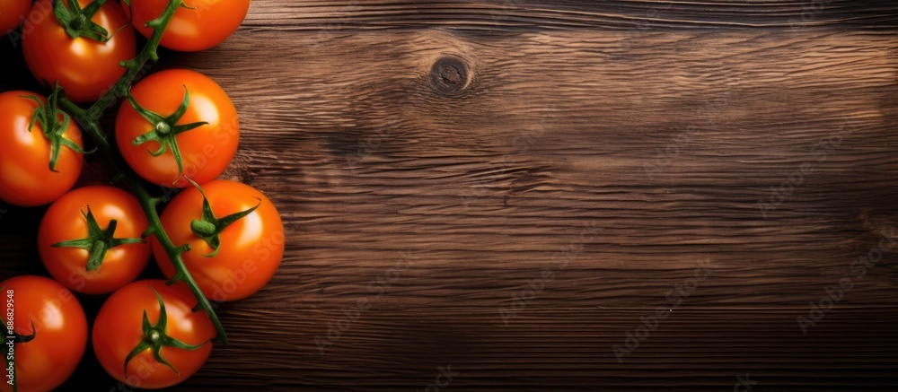 Aufkleber wooden table background with orange tomatoes as a copy space image.