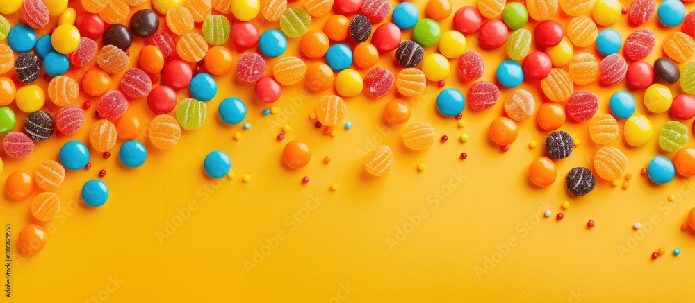 Aufkleber A variety of colorful candies arranged on a vibrant background in a flat lay style with a top view, forming a border around a copy space image.