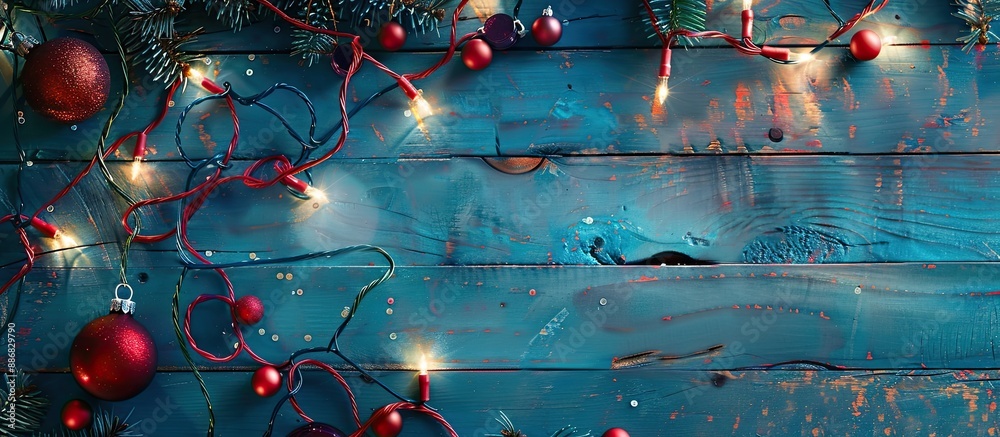 Poster a festive arrangement of christmas lights and ornaments displayed on a blue wooden surface backgroun