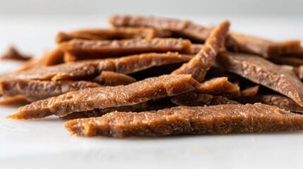 A pile of meat strips on a white table