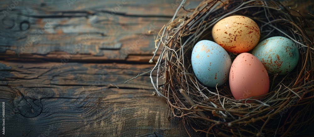 Poster easter eggs in a nest on a weathered wooden backdrop in a retro vintage style with a soft focus. ide