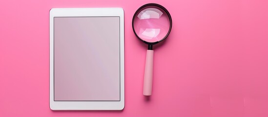 Tablet with a magnifying glass on a pink background, ideal for a web search concept with copy space image.