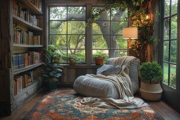 Cozy Reading Nook A small reading nook with a comfortable armchair, a floor lamp, and built-in bookshelves. Add a soft throw blanket and a view of the garden.