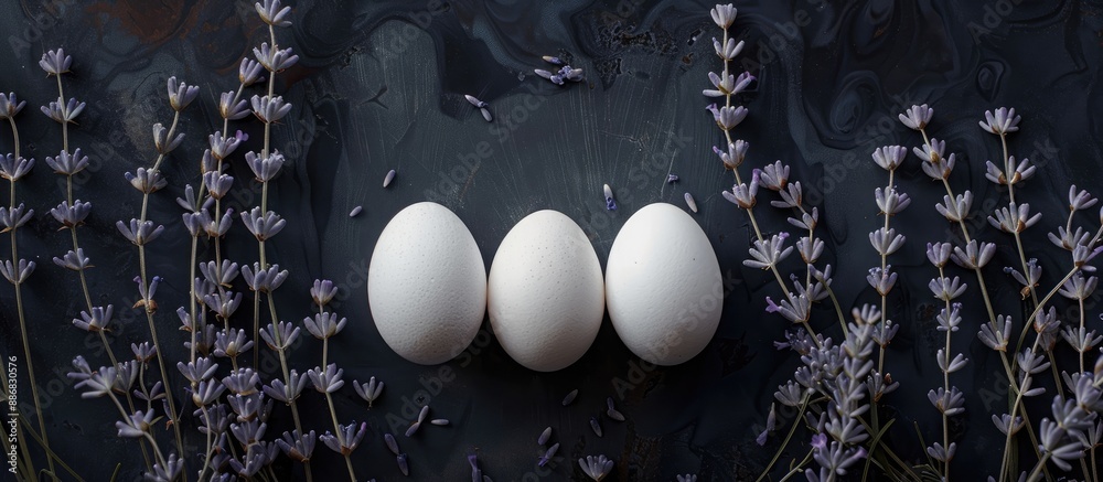 Poster view from above of three white easter eggs displayed on a dark background with lavender for a copy s