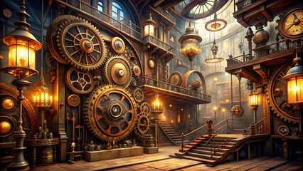 Fototapeta premium Steampunk Clockwork Chamber Gears, Lights and a Stairway to Somewhere, steampunk , clockwork , fantasy , interior design