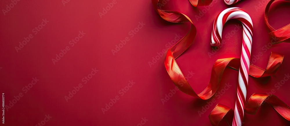 Poster christmas theme with candy cane and red ribbon on red backdrop, arranged for a flat lay composition 
