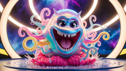 a colorful monster with a big mouth and teeth