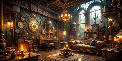 Fototapeta premium Steampunk Living Room with Golden Accents and Clocks, Digital Art, Interior Design, Steampunk, Clockwork, Victorian