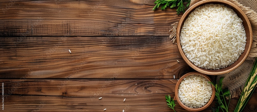Poster Top view of rice on a wooden table with copy space image.