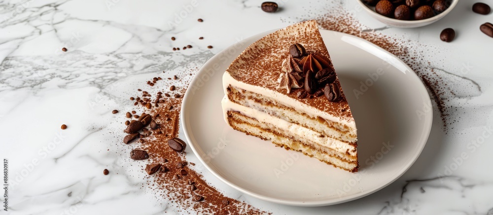 Poster homemade tiramisu cake dessert displayed on a white marble background with ample copy space image.