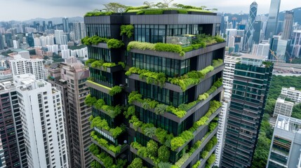 Obraz premium Urban Sustainability: Vertical Gardens and Energy-Efficient Windows in Green Building Concept with Cityscape Backdrop