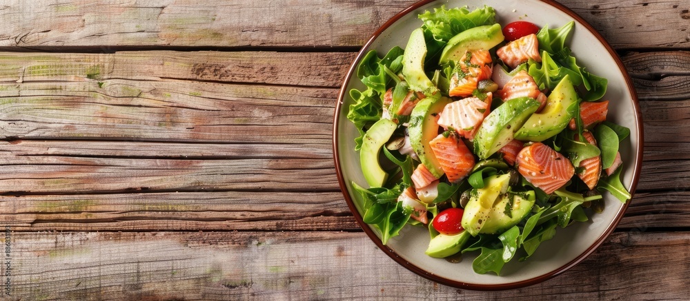 Aufkleber Salmon and avocado salad presented on a quaint wooden table with a blank area for additional image content.