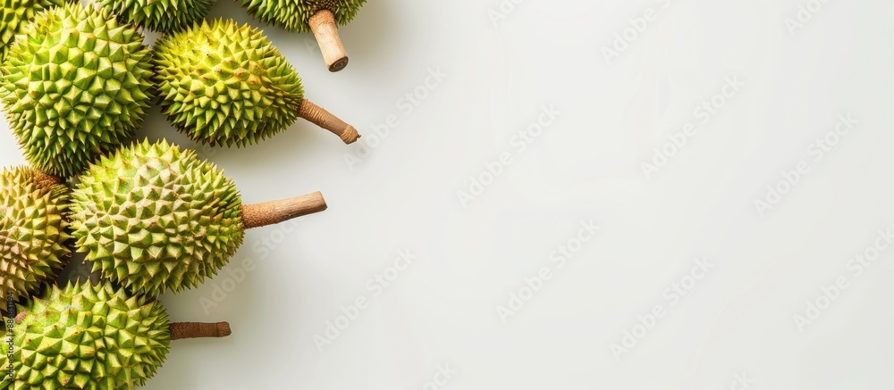 Poster Flat lay of fresh ripe durians on a white backdrop with ample space for text alongside the image.