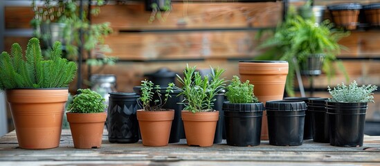 Copy space image featuring a rustic background with terracotta clay flower pots, coniferous plants, and black plastic containers on a wooden table, conveying a nursery and gardening concept.