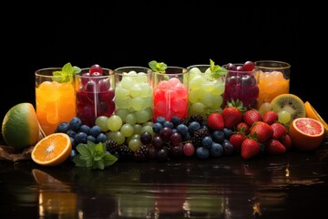 Panorama with fruits in succulent water pineapple grapes pear pear pear kiwi str, generative IA