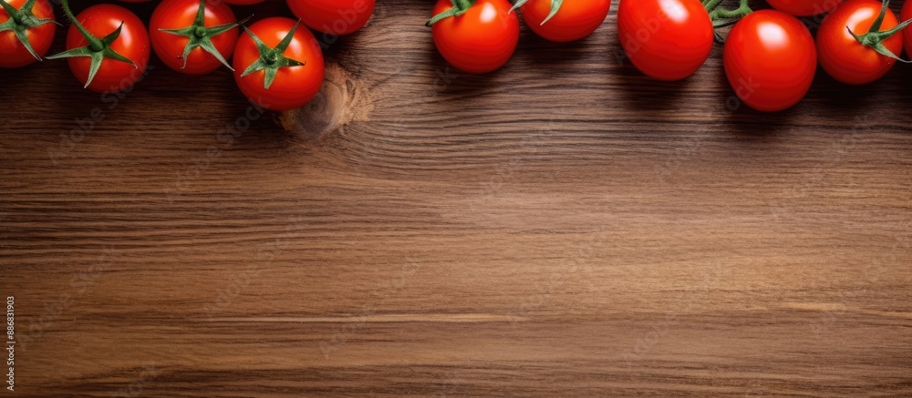 Aufkleber cherry tomatoes placed on a wooden table with a clear space in the image, shot from above.
