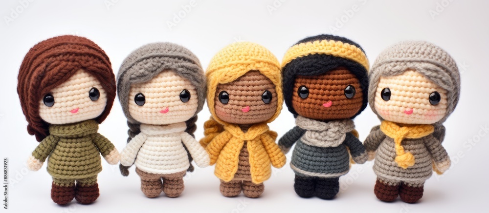 Poster Creating crocheted pieces for amigurumi dolls with a clear background for adding elements in the image.
