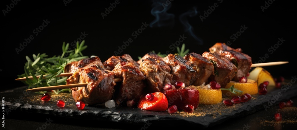 Poster Skewered meat dish with copy space image.