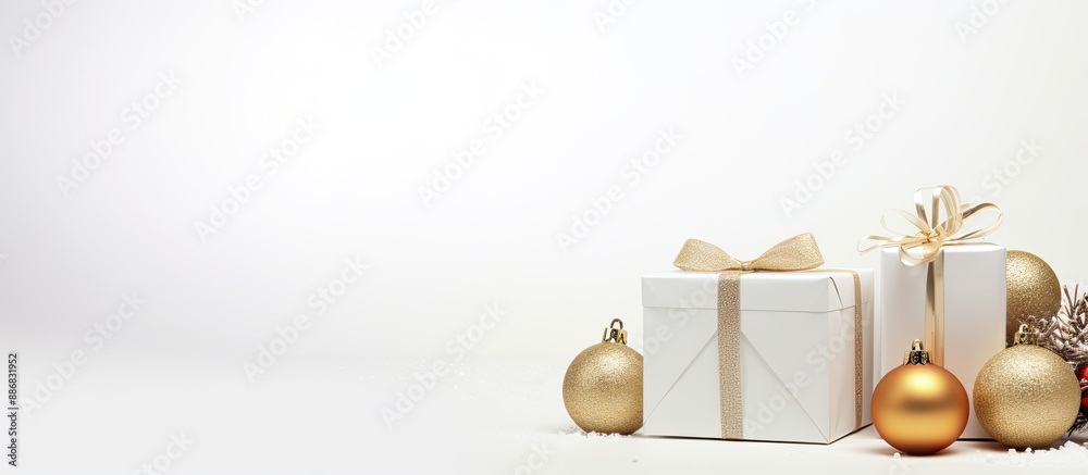 Poster a festive christmas gift box and ornaments displayed on a white backdrop with a greeting card, provi