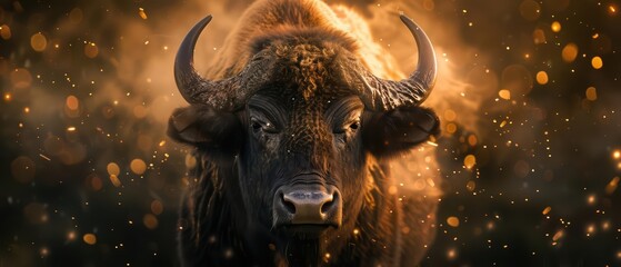 A buffalo in a warriors attire is standing watch over a glowing, enchanted meadow