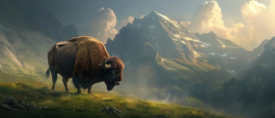 A buffalo in a warriors attire is standing watch over a glowing, enchanted meadow