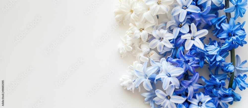 Poster top view of blue and white hyacinths on a white background, perfect for a spring or easter holiday c