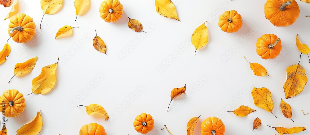 Poster Creative autumn-themed layout with small pumpkins and yellow leaves on a white background, top view with copy space image.