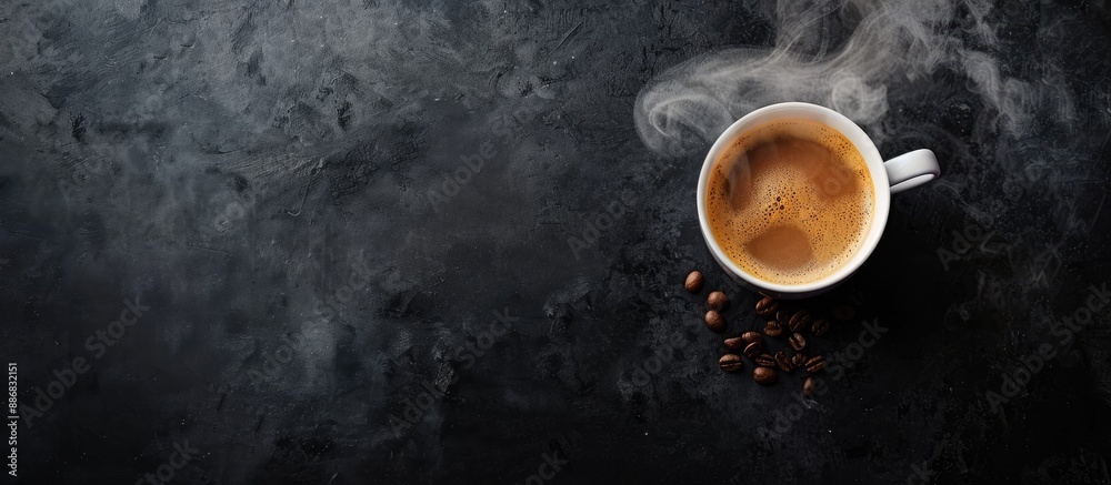 Poster Flat lay of a steaming cup of aromatic hot coffee on a dark background with copy space image.