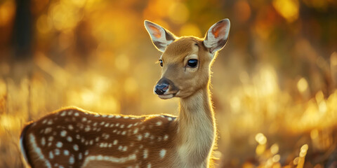 Fototapeta premium Fawn in Golden Autumn Light, Baby Deer in Warm Sun, Young White-Tailed Deer in Fall Forest, wildlife concept